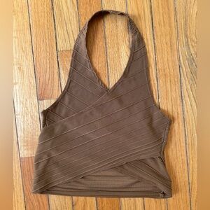 Vintage Brown Halter Crossed Crop Top
